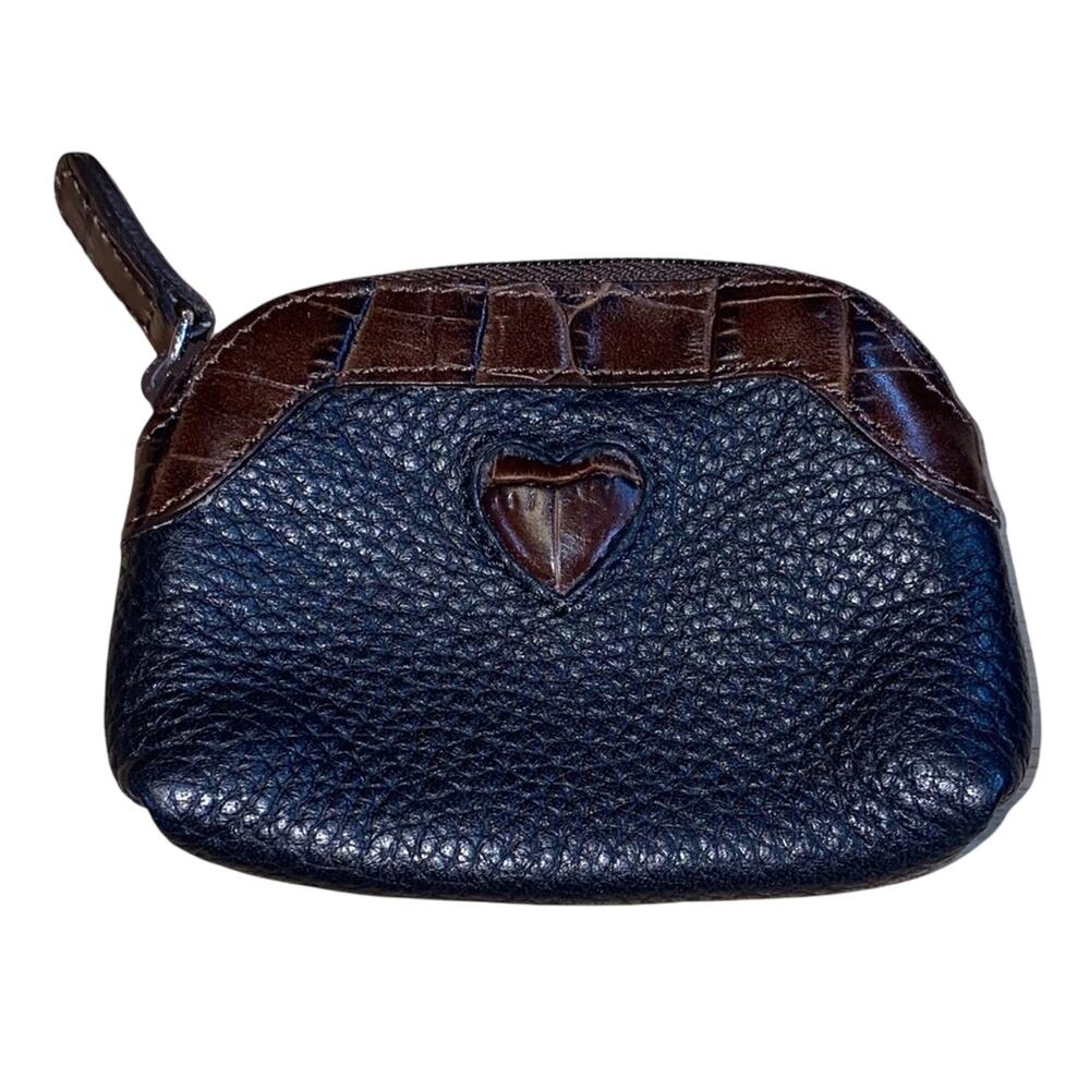 Brighton‎ Black Pebbled Leather Coin Purse Brown Croc Trim Heart Accent Wallet